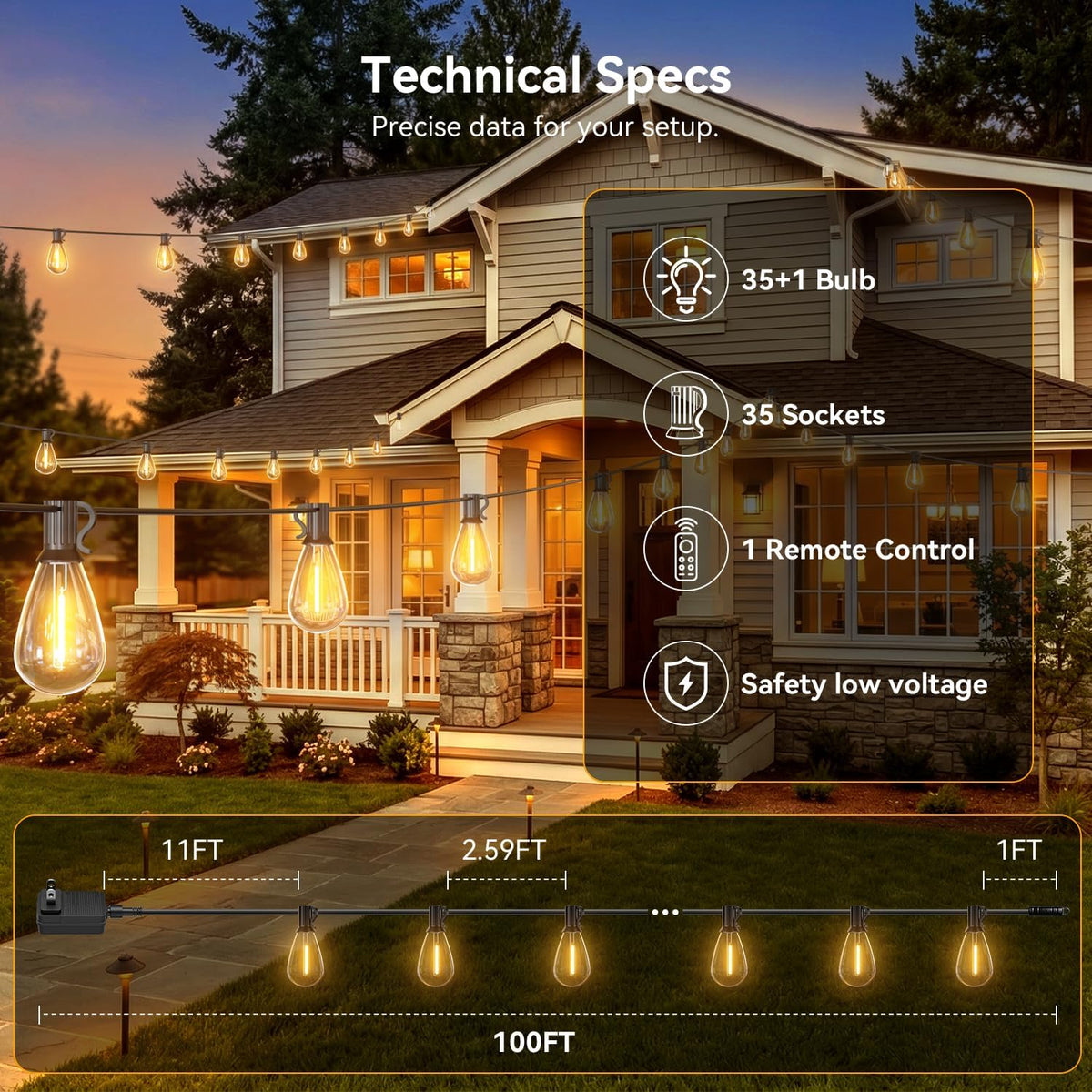 200FT Outdoor String Lights with Remote, Waterproof Patio Lights with 72+2 Shatterproof LED Bulbs,Dimmable Hanging Decor for Backyard Garden Porch Bistro, Timer & 3 Modes,2200K Warm White