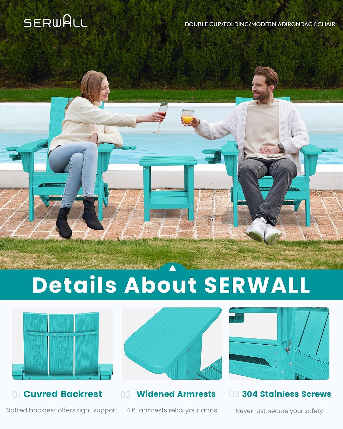 SERWALL HDPE Modern Folding Adirondack Chair with Dual Cup Holder, Teal
