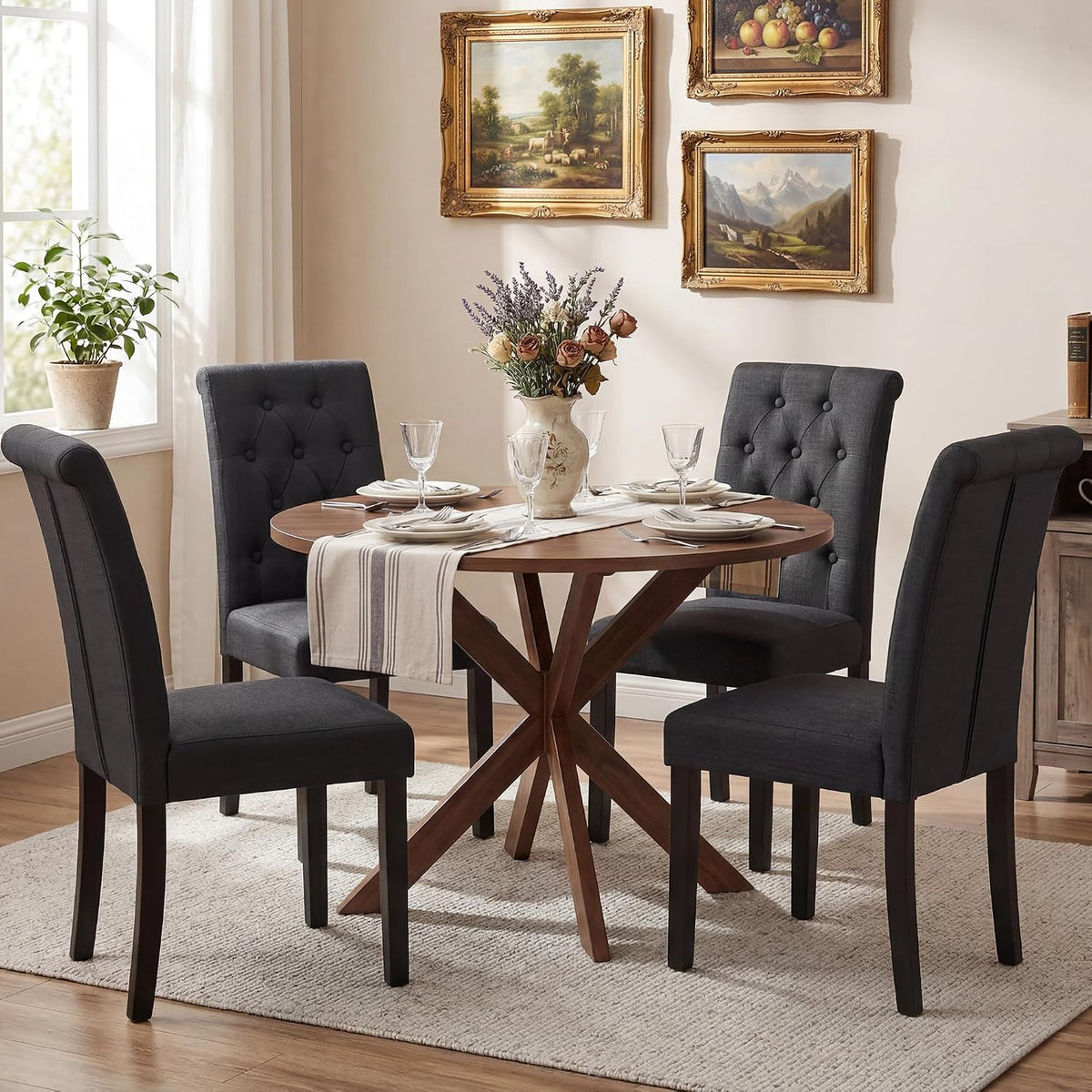 LSSBOUGHT Set of 4 Modern Tufted Dining Chairs, Button Padded Fabric Chairs with Solid Wood Legs, Upholstered Armless Dining Side Chairs for Home Dining Room(Charcoal,No Table)