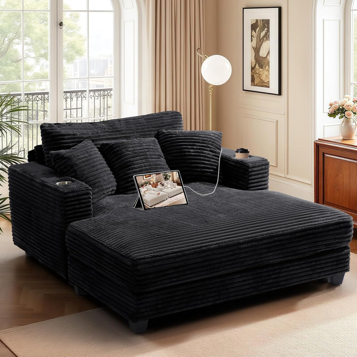 HUSFU 60" Chaise Lounge Chair Indoor, Wood Frame, Black
