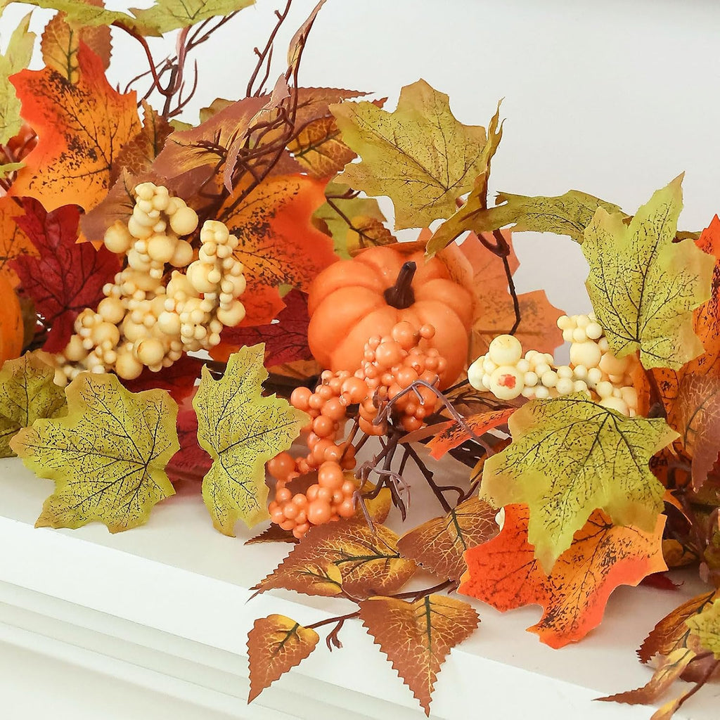 MIZII Fall Decor Artificial Maples Leaf Pumpkin Garland 6FT Autumn Maple Vines Garland Thanksgiving Halloween Harvest Decorations for Home Porch Mantle Fireplace Farmhouse Outdoor Indoor (6FT,Maple)