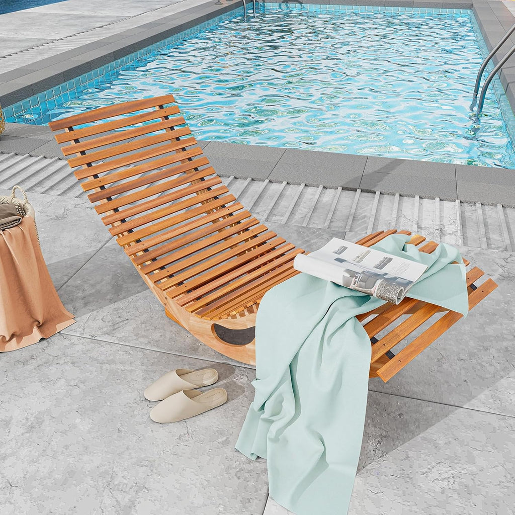 HAPPYGRILL Outdoor Acacia Wood Chaise Lounge, Rocking Chair with High Back, Slatted Seat, Stopper, Outside Wood Rocker, 350 Lbs Capacity Sun Lounger