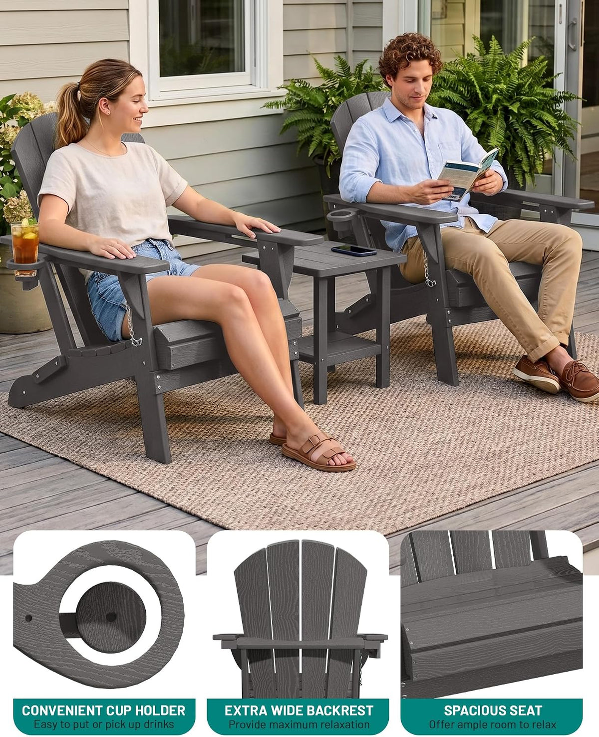 PLUUV Adirondack Chair Set of 4, Fire Pit Chairs with Cup Holder, Grey
