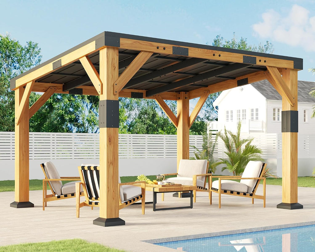Jocisland 10' x 12' Cedar Wood Gazebo with Sloped Galvanized Steel Roof