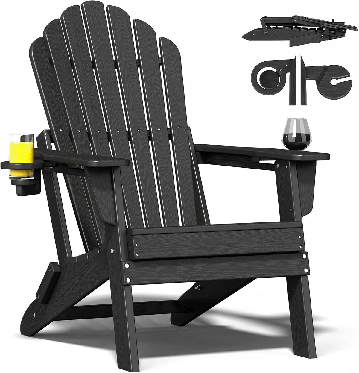 HDPE Folding Adirondack Chair with 2 Cup Holders, Black