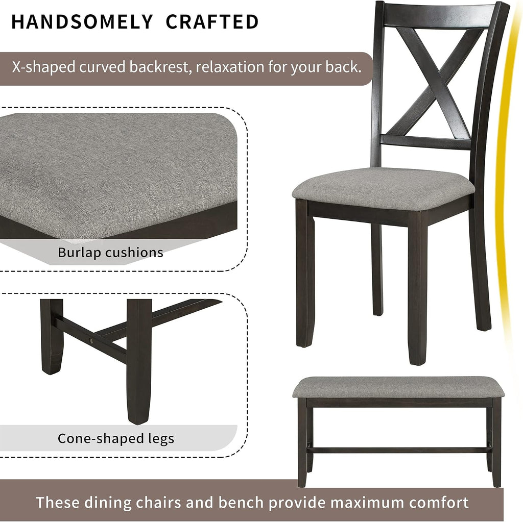Merax 6 Piece Rustic Farmhouse Dining Table Set with Bench, Solid Wood Rectangular Kitchen Table Set with 4 Upholstered Chairs for Dining Room & Kitchen - Espresso+Gray