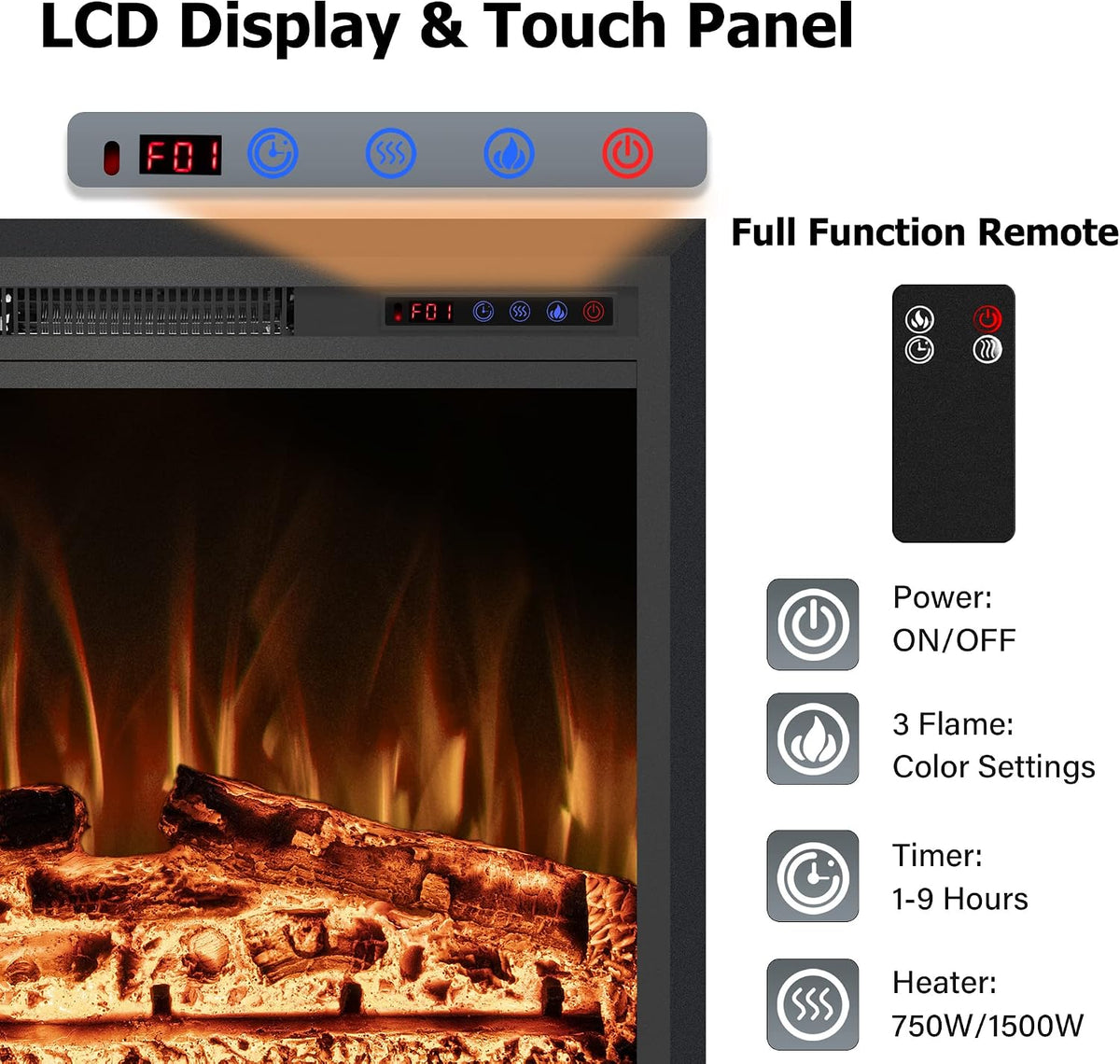 50" Width Electric Fireplace Inserts with Adjustable Flame Colors, Fireplace Heater with Touch Screen & Remote Control, Recessed in Wall, 750/1500W, Timer