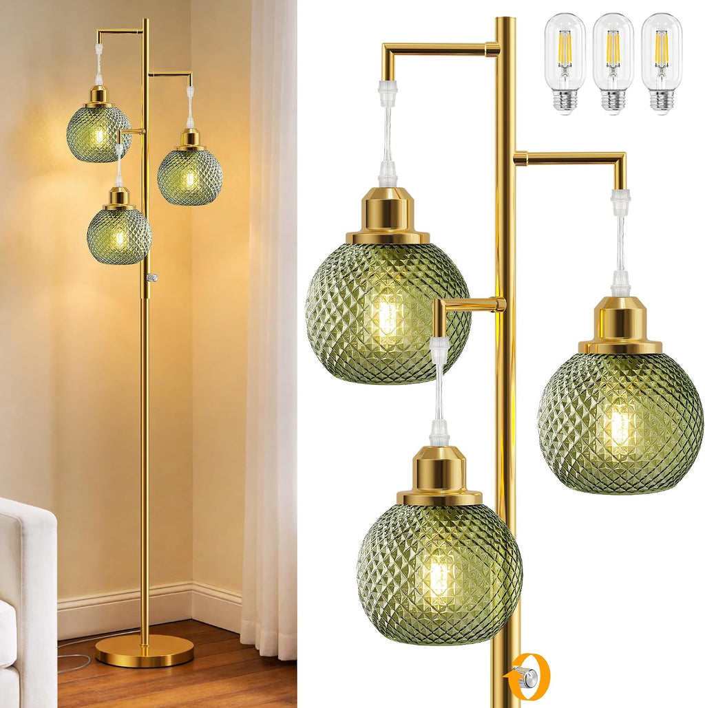Modern Glass Floor Lamps for Living Room, 3 Lights Standing Lamp, Green