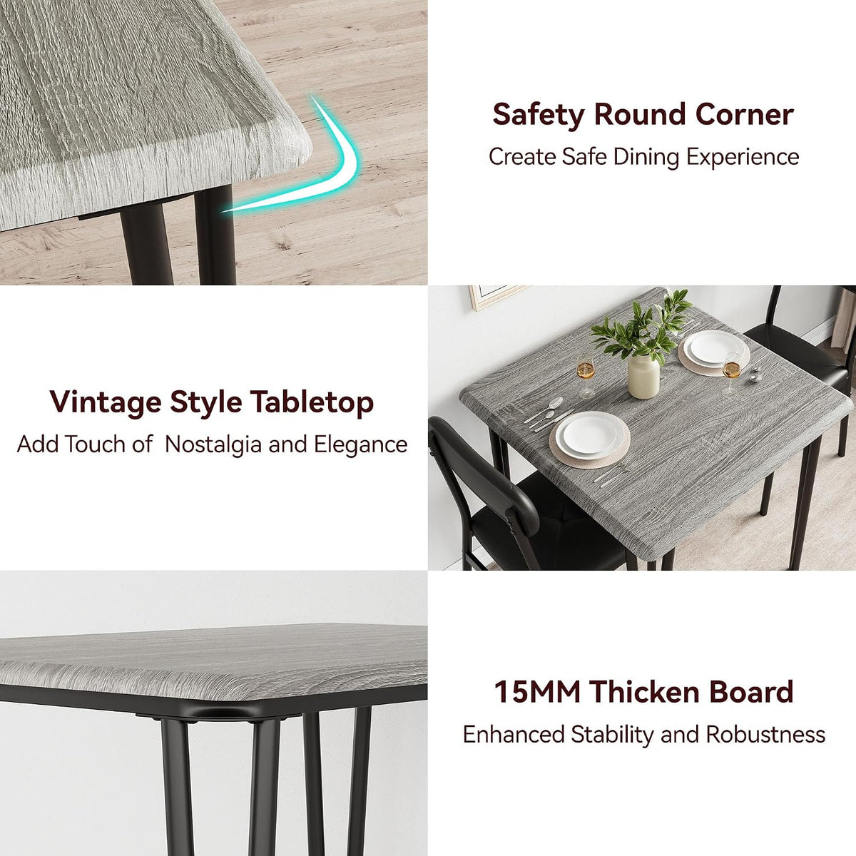 IDEALHOUSE Dining Table Set for 4, Kitchen Table with Upholstered Chairs for Kitchen Room and Small Spaces (Grey, Table with 2 Upholstered Chairs)