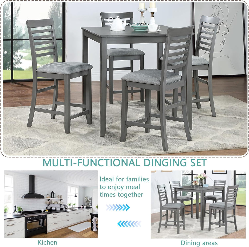 LUMISOL 5-Piece Dining Table Set for 4, Farmhouse Counter Height Kitchen Dining Table Set with 4 Upholstered Chairs for Kitchen, Dining Room, Home Bar, Grey