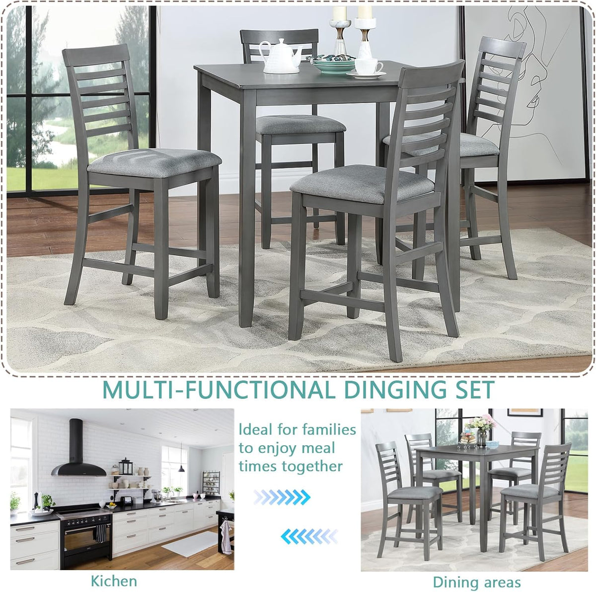 LUMISOL 5-Piece Dining Table Set for 4, Farmhouse Counter Height Kitchen Dining Table Set with 4 Upholstered Chairs for Kitchen, Dining Room, Home Bar, Grey
