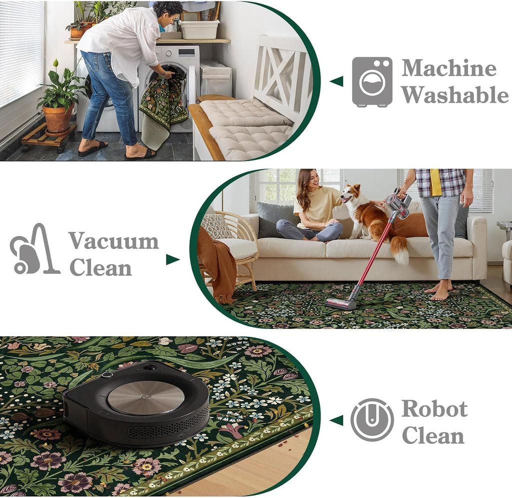 Moynesa Floral Green 4x6 Rug, Boho Washable Rugs for Living Room, Non Slip Soft Bedroom Area Rug, Botanical Ultra Thin Indoor Throw Carpet for Kitchen Entryway Bedside, Green