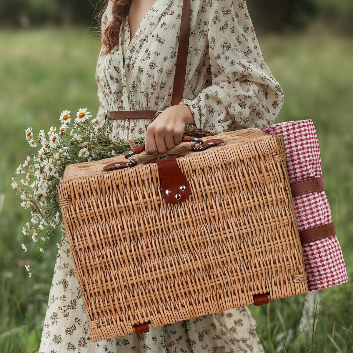 Picnic Basket for 2 with Lid and Handle Waterproof Picnic Blanket