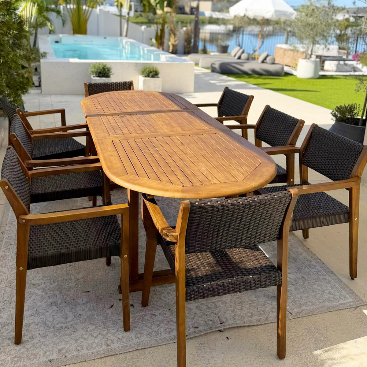 PHI VILLA Outdoor Dining Set for 6, Expandable Acacia Wood Table & Chairs