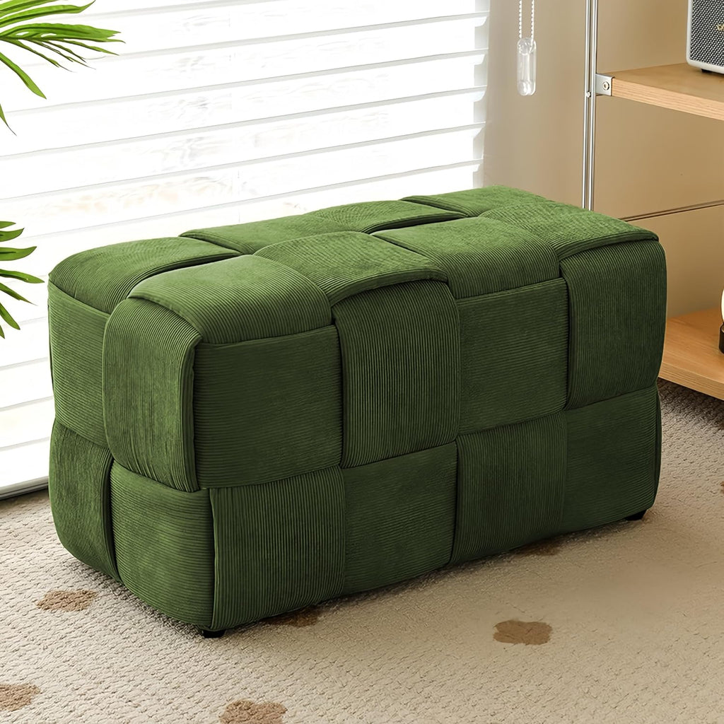 Cmishe 28" Rectangular Woven Corduroy Ottoman Footrest - Large Modern Entryway Bench & Bed End Stool, Sturdy Wood Frame, No Assembly (Green-L)