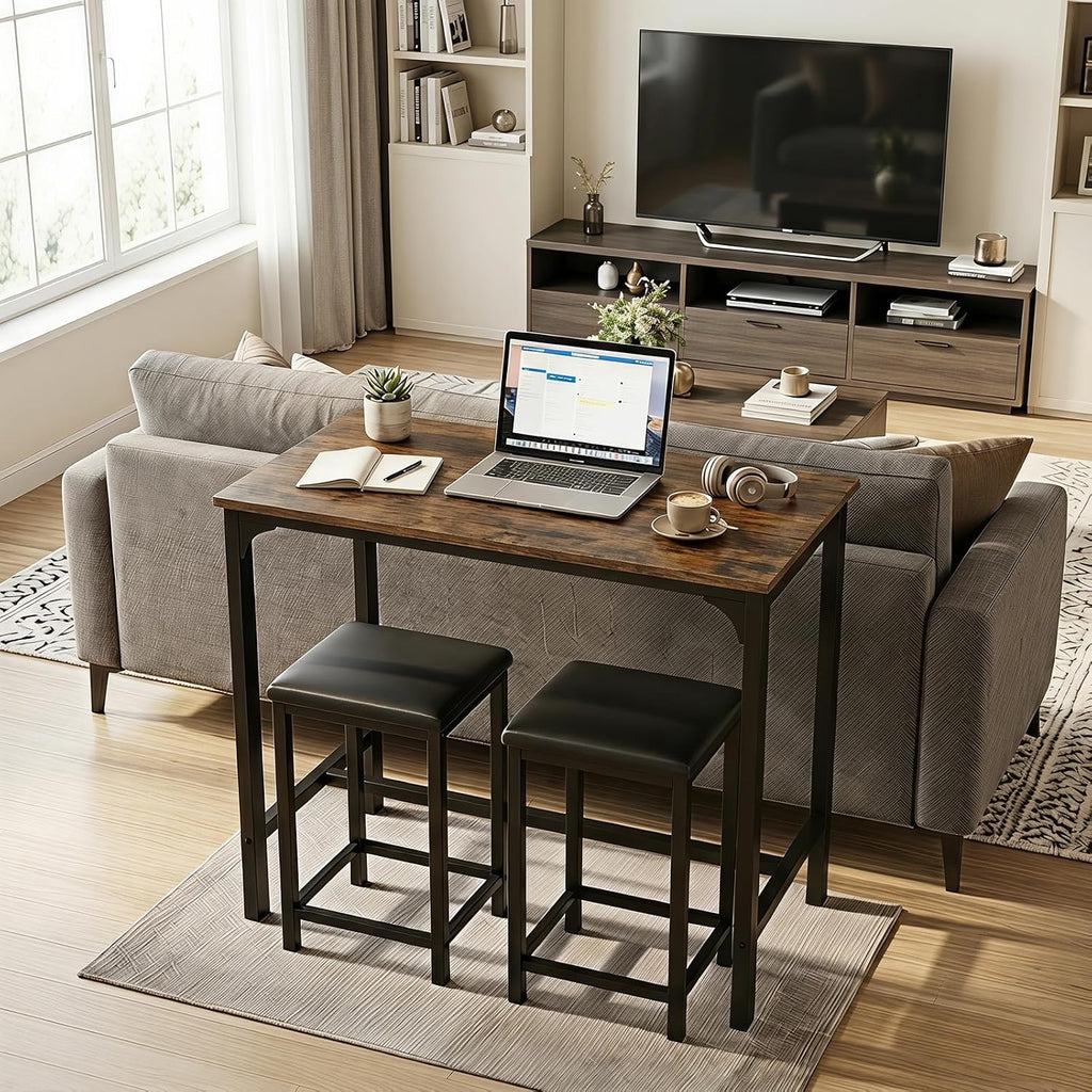 COSTWAY Dining Table Set, Counter Height Table, 2 Upholstered Stools