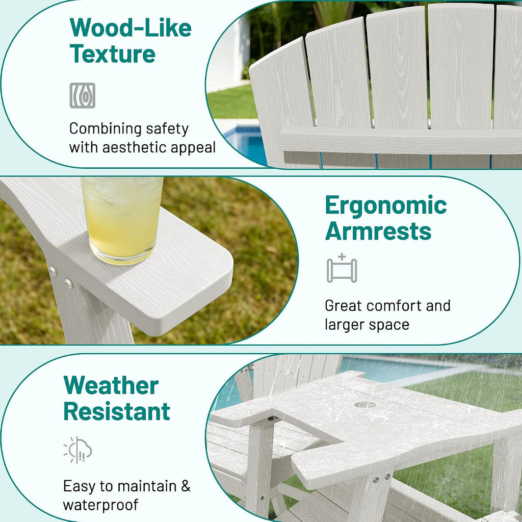 PLUUV Tall Adirondack Chairs Set of 2 with Double Connecting Trays, White