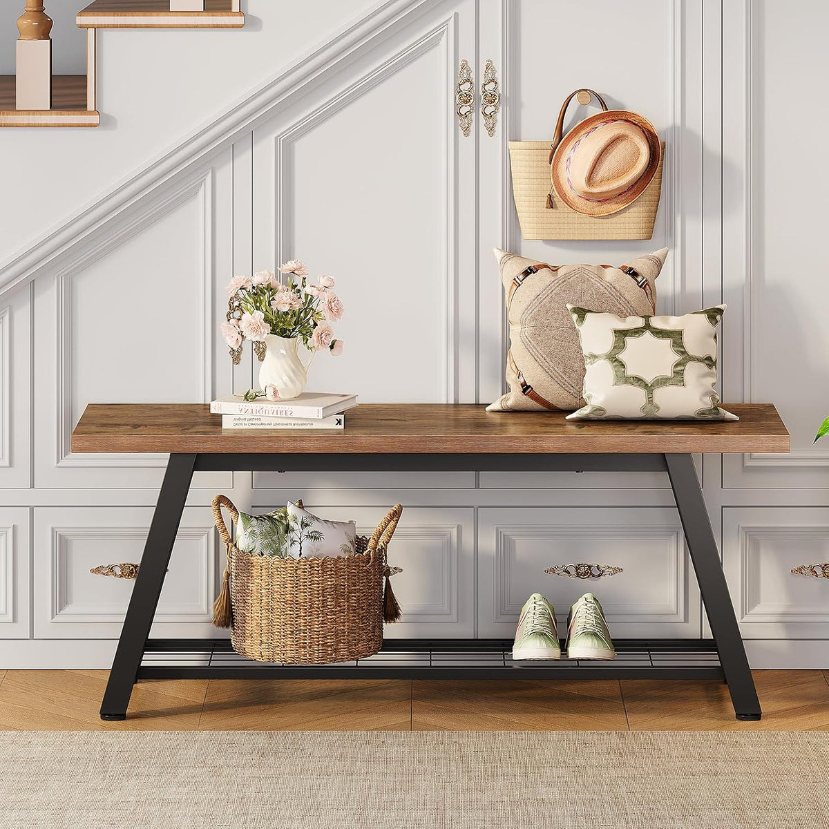 Oastreeful Storage Bench Industrial Rustic Wooden and Metal Entryway Shoe Boots Storage Rack Long Bench Seat for Hallway Bedroom Retro Brown Farmhouse Style