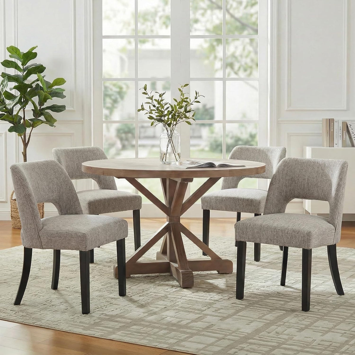 keoni Wooden Dining Chairs Set of 2, Mid Century Modern Upholstered Dining Room Chairs with Black Wood Legs, Fabric Farmhouse Kitchen Chairs with Foot Pegs for Dining Room, Light Gray