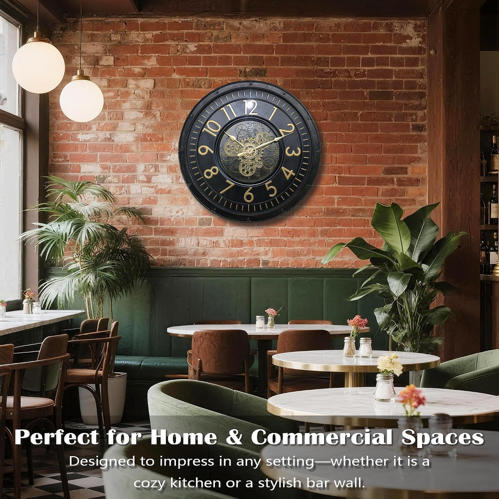 AYRELY® 24IN Decorative Moving Gear Large Wall Clock, Oversized Industrial Steampunk Gears, Big Numerals Wall Clock for Modern Living Room Decor (Black)