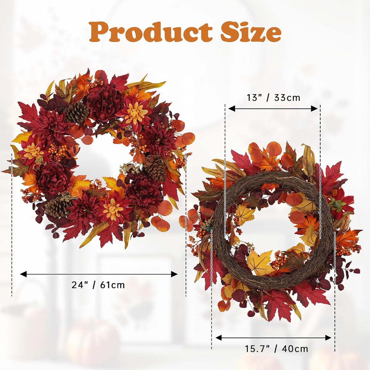 24" Artificial Fall Floral Wreath for Front Door Autumn Wreath with Peony Dahlia Pine Cones for Halloween Thanksgiving Farmhouse Window Wall Décor