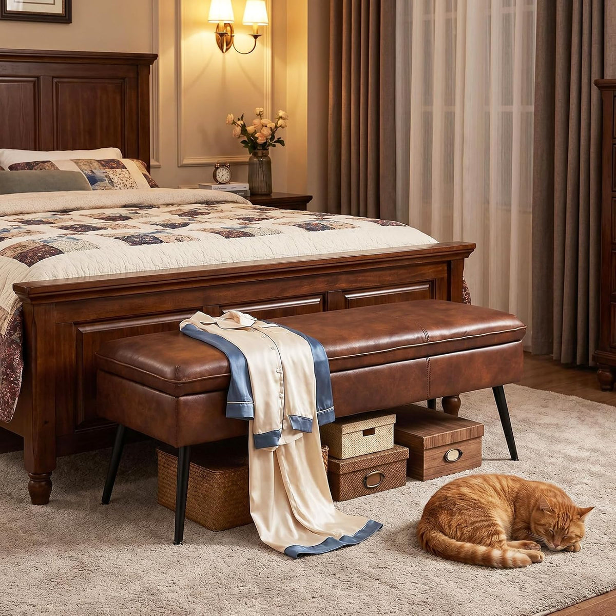 Ottoman with Storage Bench, Upholstered Large Entry Bench Brown