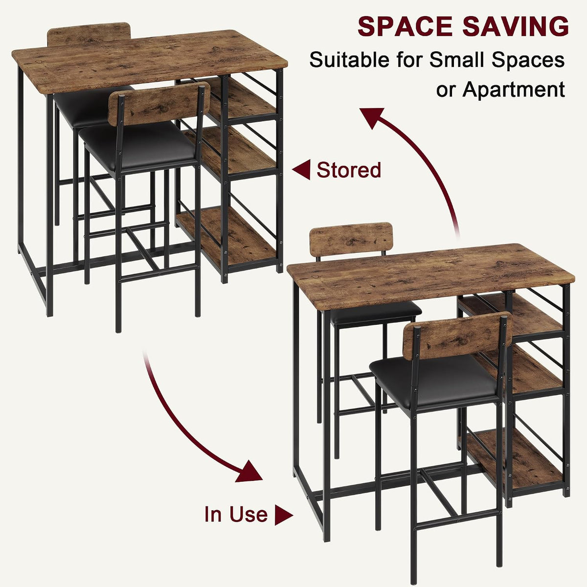 3-Piece Small Bar Table and Chairs Set for 2,Small Dining Table with 2 PU Cushioned Stools,3 Storage Shelves, Space Saving Kitchen Table Set for Breakfast Nook, Apartment, Bistro,Brown.
