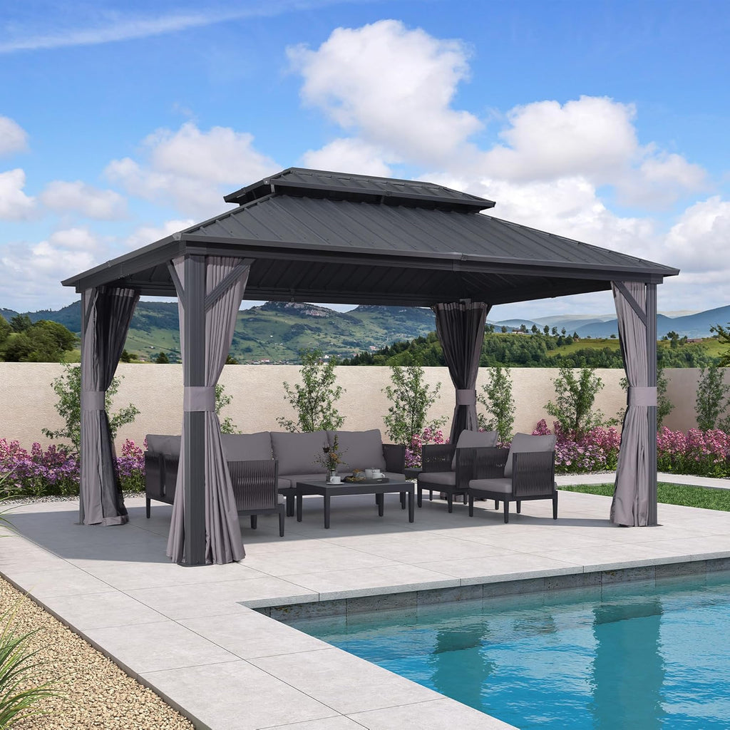 PURPLE LEAF Patio Hardtop Gazebo 10' x 14' Aluminum 3.9" Thick Posts, Grey