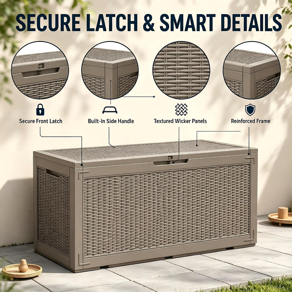 Outdoor Storage Box Resin Deck Box Waterproof BrownWicker 126 Gallon