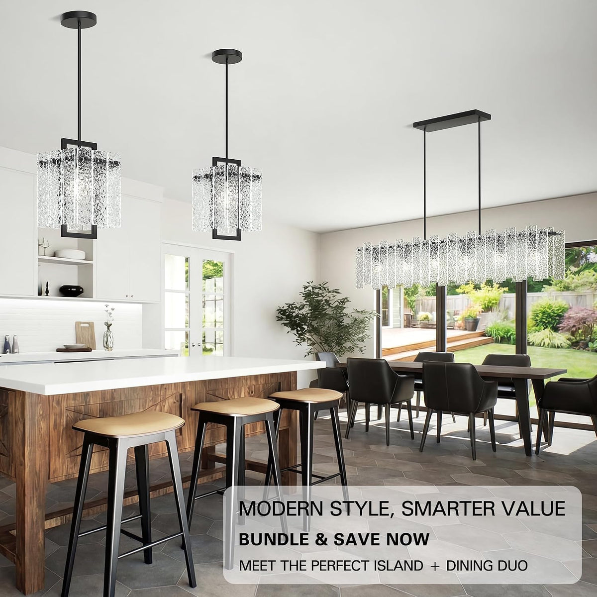Modern Black Rectangle Chandelier, Black 7" Pendant Lights Kitchen Island with Water Ripple Glass, Pendant Light Fixtures for Dining Room, Living Room, Kitchen Island