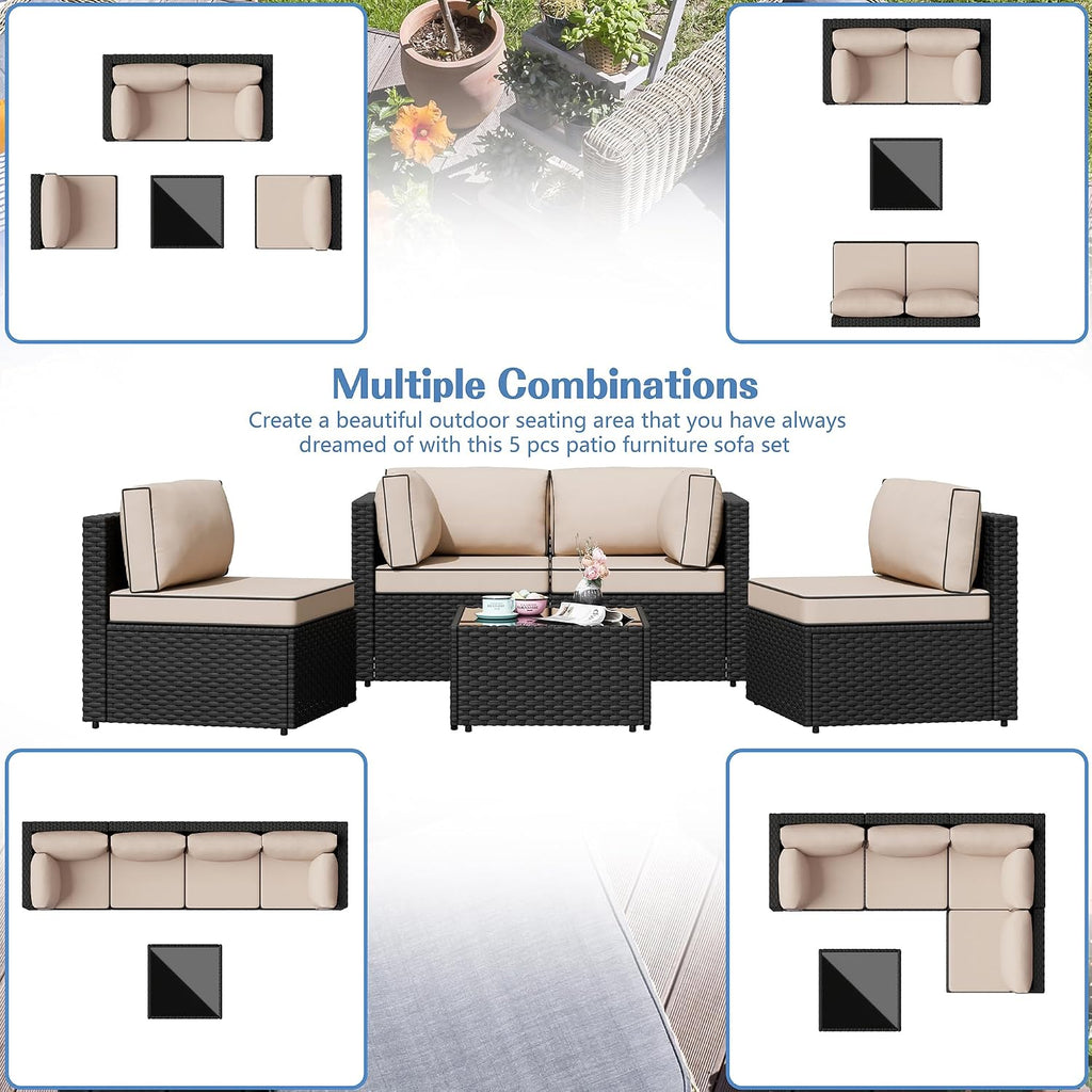 Shintenchi 5 Piece Outdoor Patio Furniture Set with Black PE Rattan, Khaki
