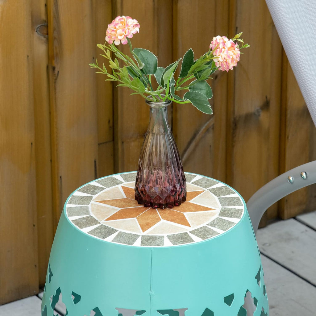 Outsunny Decorative Outdoor Stool, 12" Round Patio Side Table, Mosaic Blue