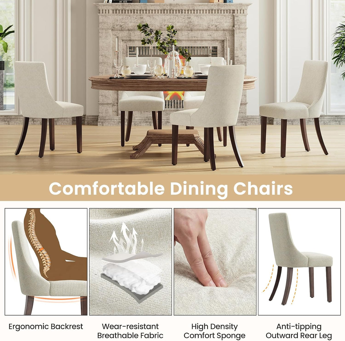 MALOL Wooden Dining Chairs Set of 6, Upholstered Kitchen & Dining Room Chairs with Solid Wood Legs Curved Backrest Farmhouse Accent Chair for Dining/Kitchen/Living Room, Beige