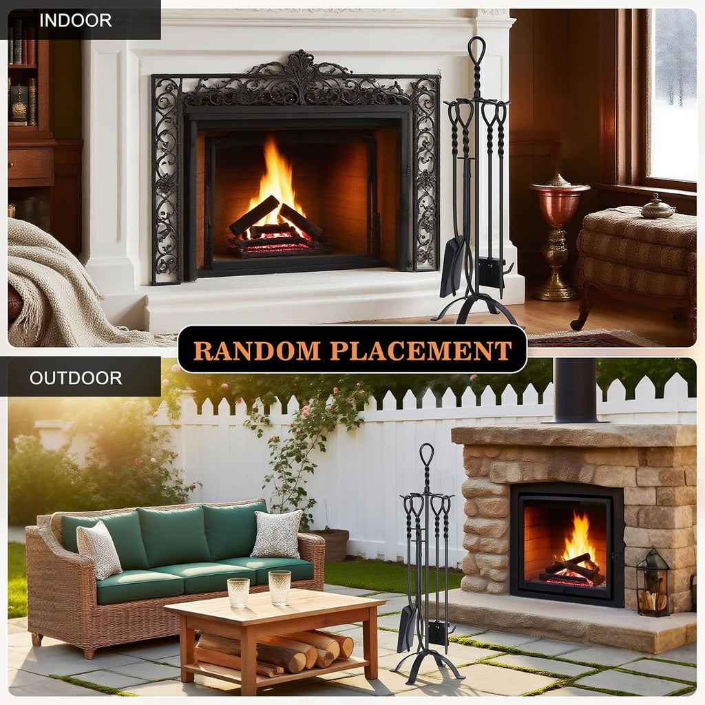 Gtongoko 35”Tall Fireplace Tools Set with Stand 5-Piece Solid Wrought Iron
