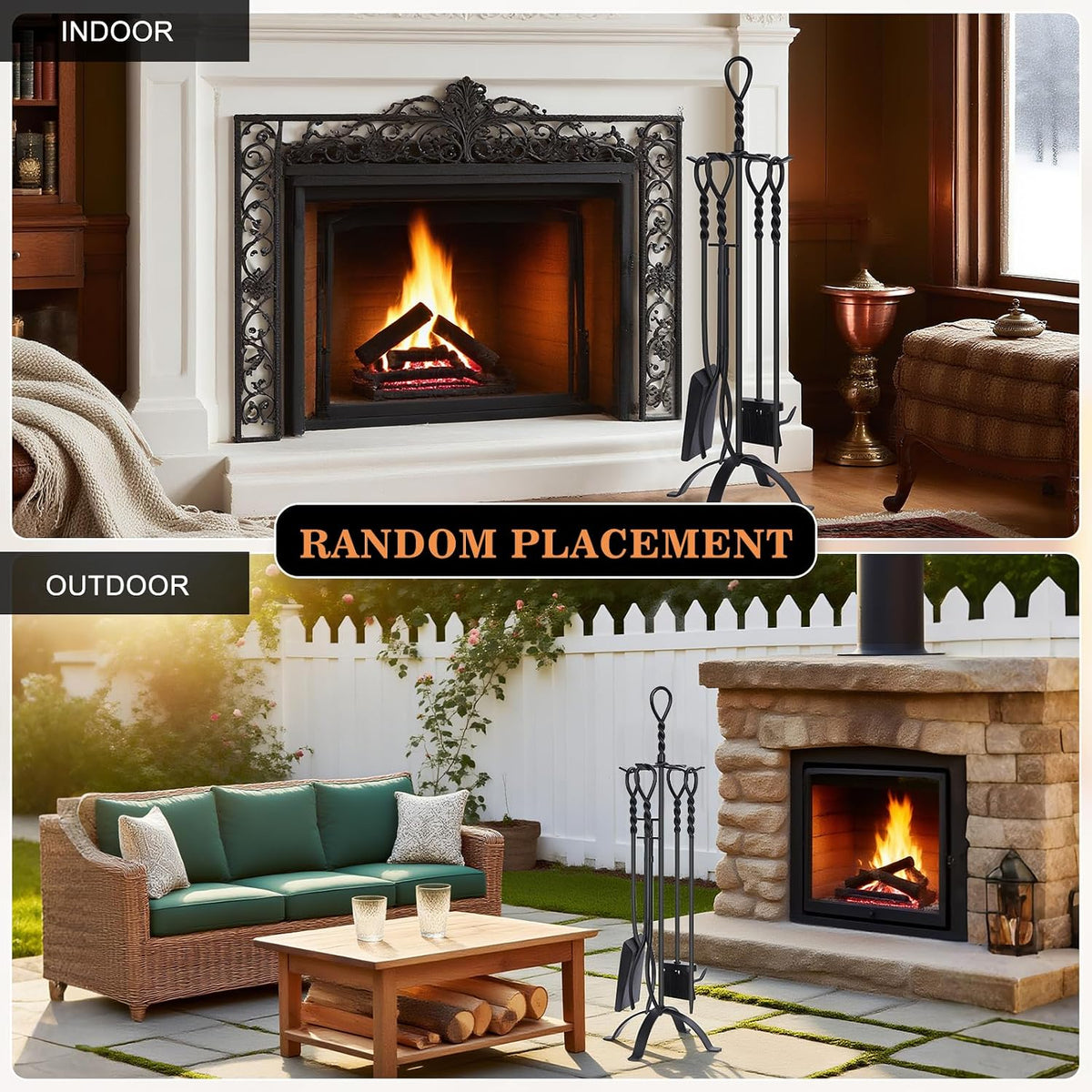 Gtongoko 35”Tall Fireplace Tools Set with Stand 5-Piece Solid Wrought Iron