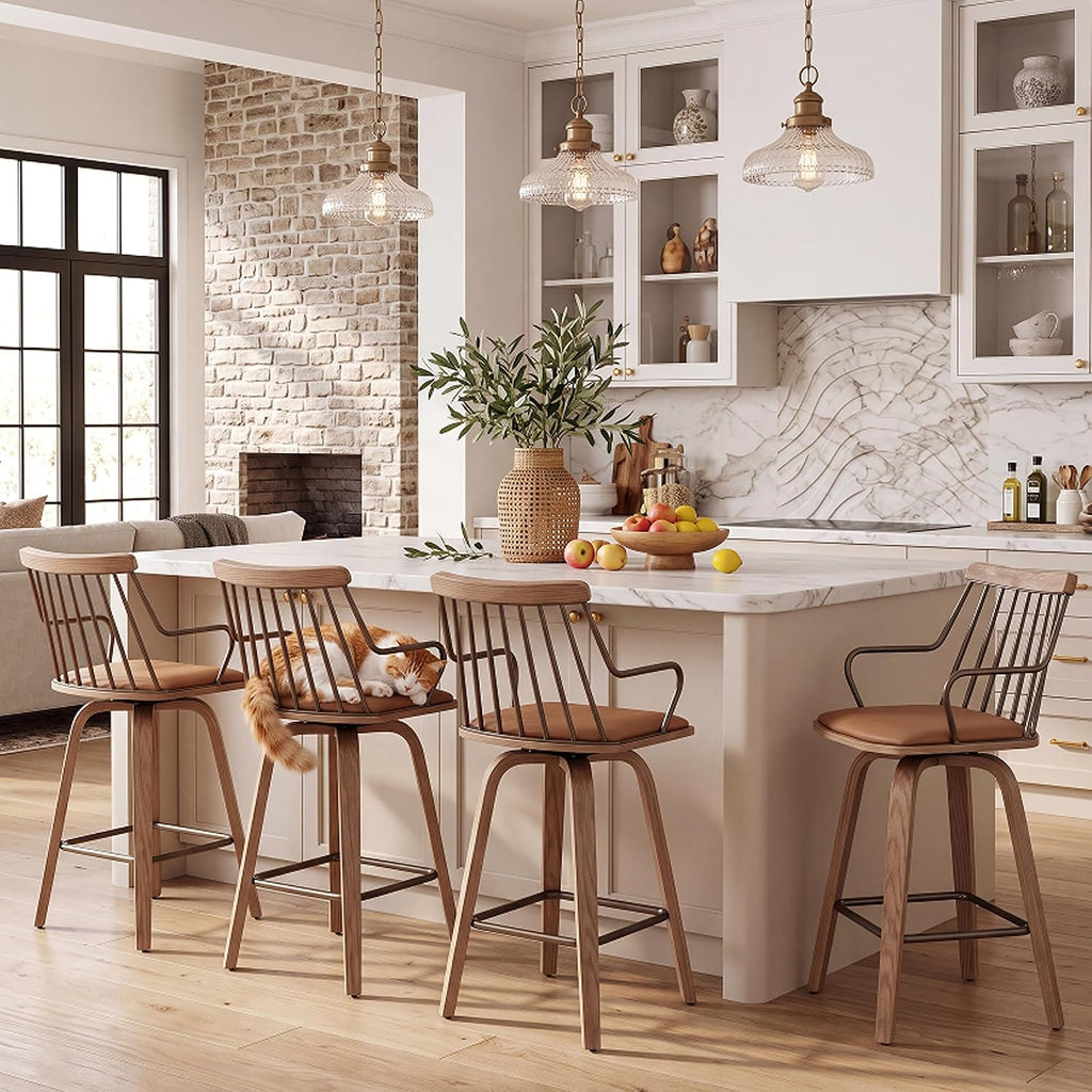 HNY Swivel Counter Height Bar Stools Set of 2, Brown Faux Leather Barstools