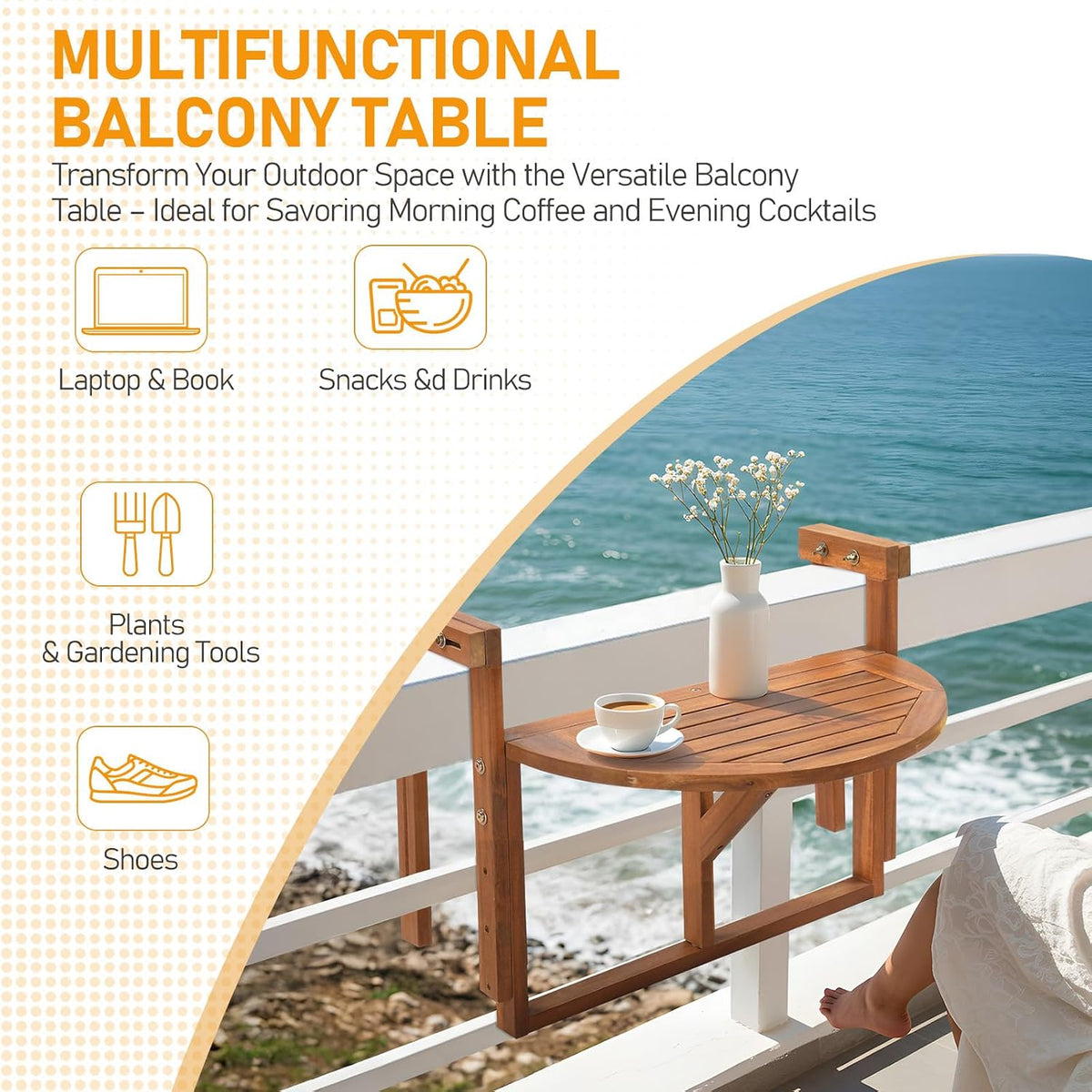 Outvita Acacia Wood Folding Balcony Bar Table, Semicircular