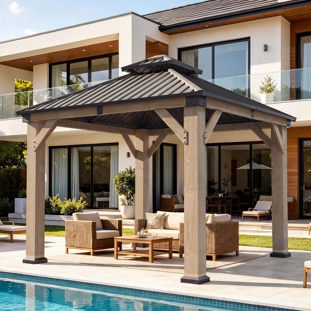 Aoxun 10' x 10' Outdoor Wood Gazebo, Hardtop Gazebo