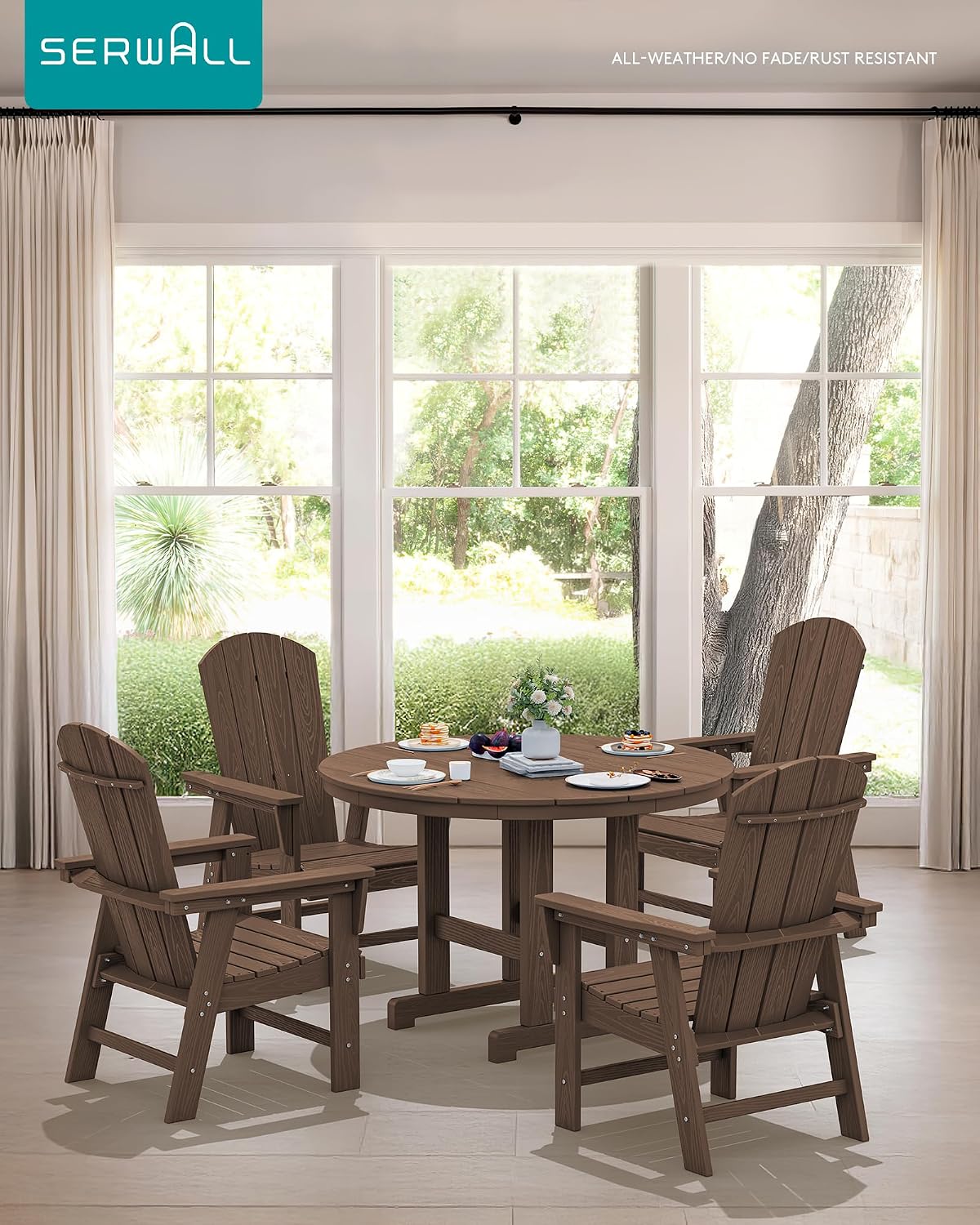 SERWALL 5-Piece Patio Dining Set, 45" Table & 4 Adirondack Chairs, Brown