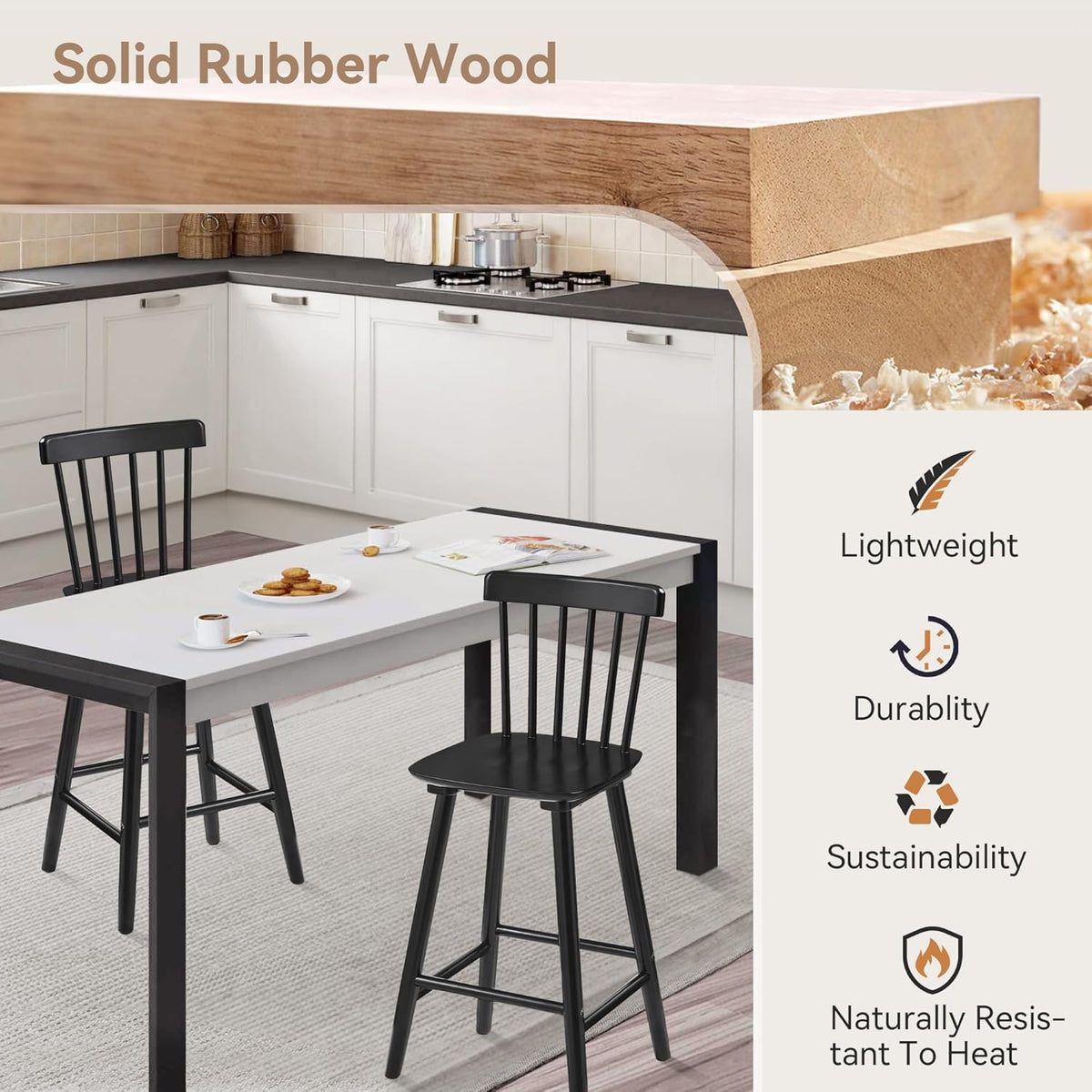 LUE BONA Windsor Wooden Bar Stools Set of 2 for Kitchen Island, Farmhouse 24 Inch Counter Height Stools Chairs with Spindle Back, Black