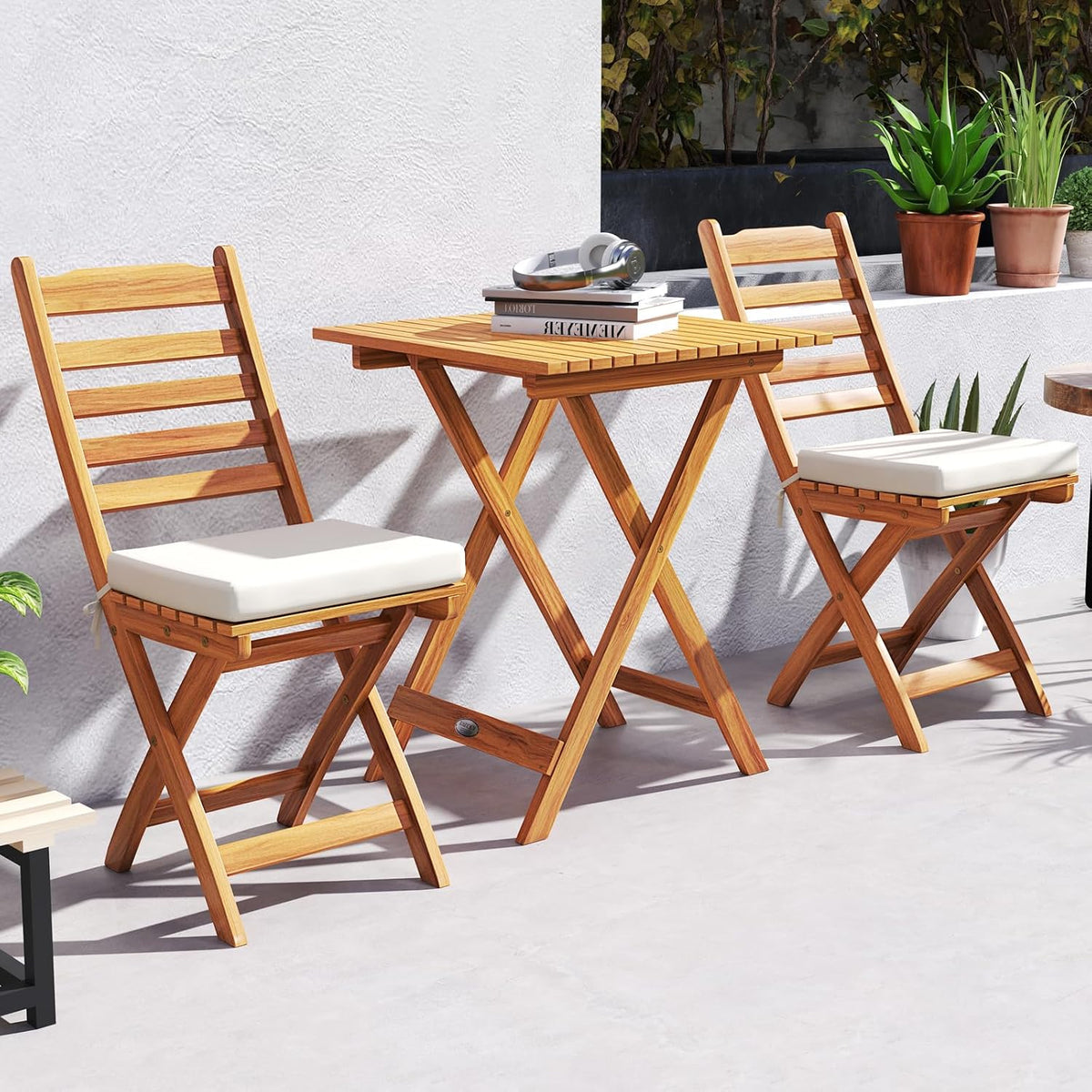 Tangkula Outdoor Wood Bistro Set, Folding Chair Table Set w/Soft Seat Cushions, Acacia Wood High Back Armless Chairs w/Table, Patio Cushioned Dining Set for Backyard, Poolside (White)