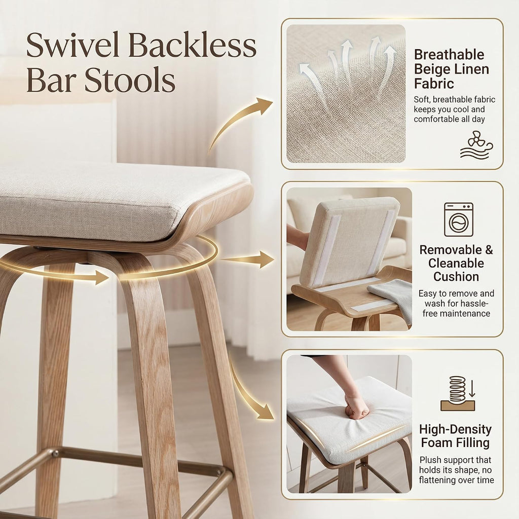 HNY 26" Swivel Bar Stools Set of 2, Backless Counter Height Bar Stools with Removable Linen Cushion, 360° Swivel Wooden Saddle Stools with Footrest for Kitchen Island, Home Bar & Small Spaces