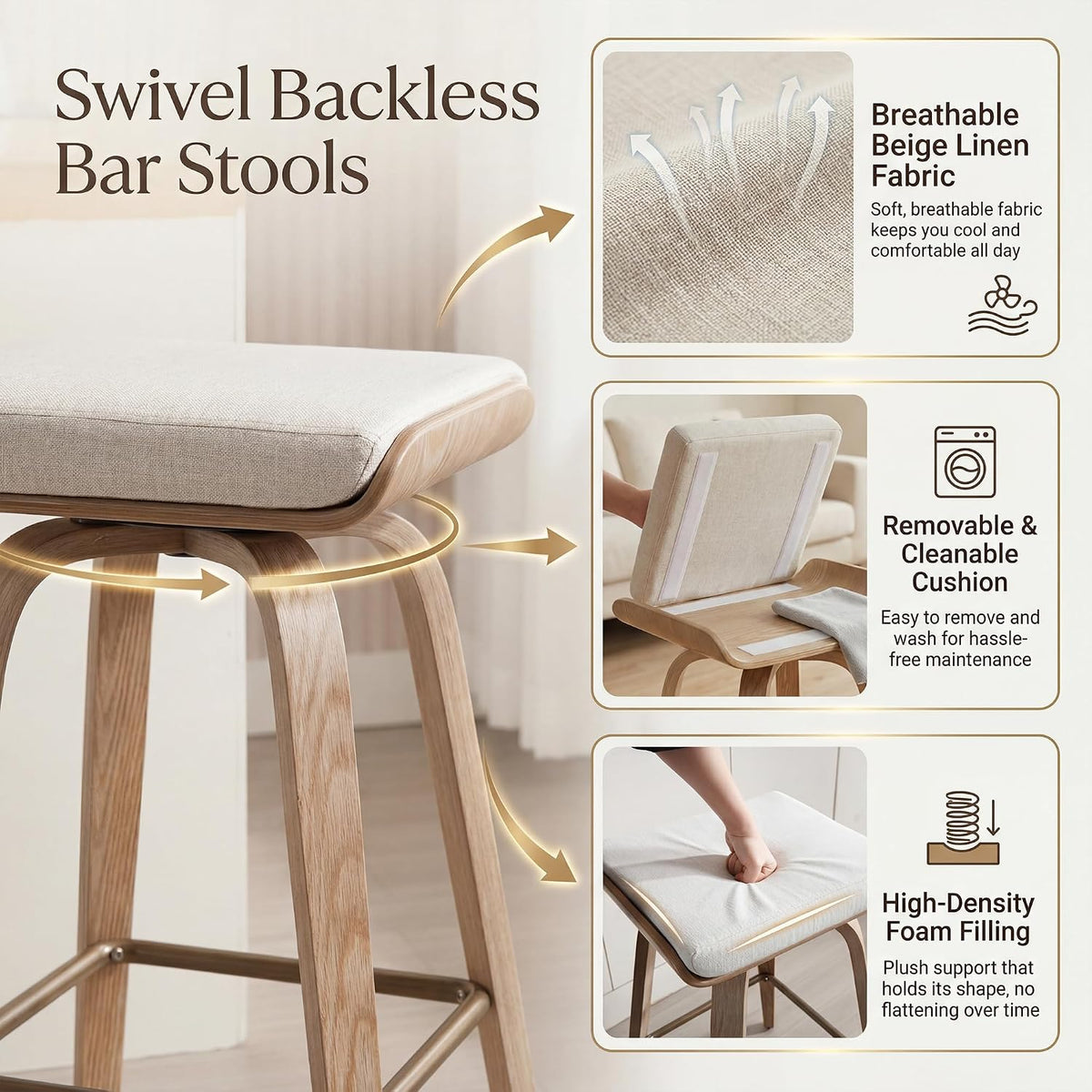 HNY 26" Swivel Bar Stools Set of 2, Backless Counter Height Bar Stools with Removable Linen Cushion, 360° Swivel Wooden Saddle Stools with Footrest for Kitchen Island, Home Bar & Small Spaces