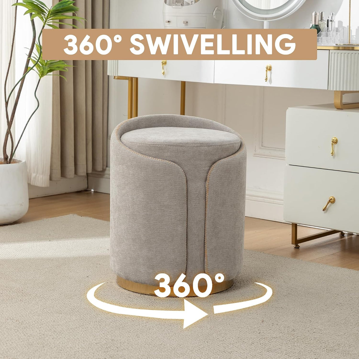 Swivel Vanity Stool with Gold Base Comfy Vanity Chair Modern Round Stool for Makeup Vanity Ottoman Foot Rest for Bedroom livingroom (Light Gray)