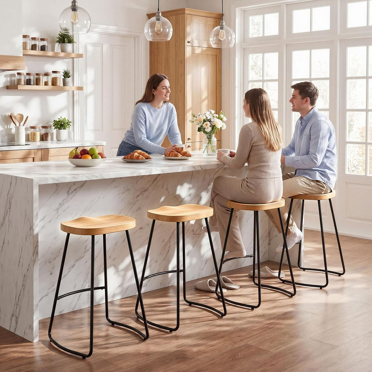 Bar Stools Set of 2, 24'' Counter Height Rustic Wooden Saddle Seat Natural