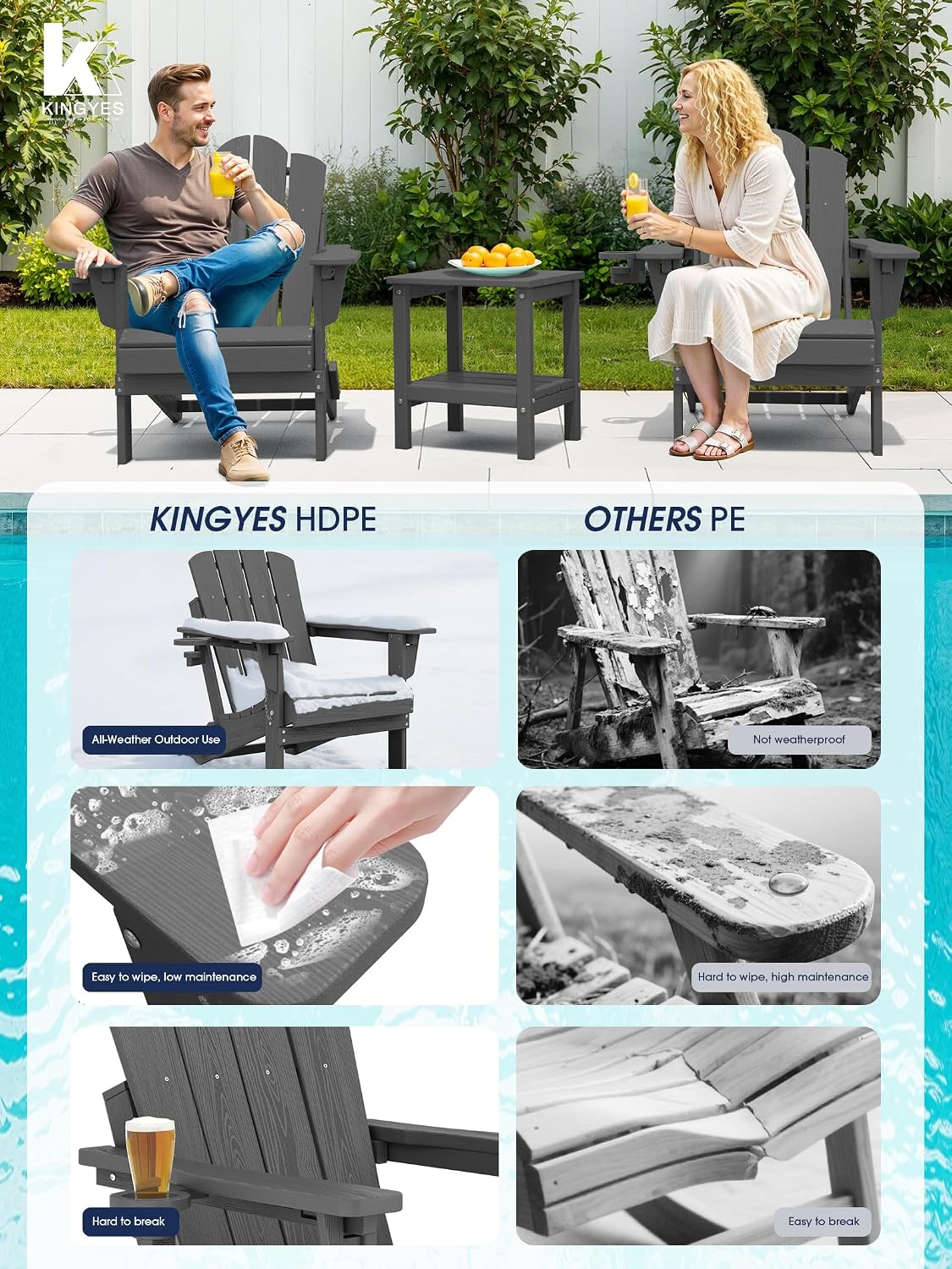 KINGYES Adjustable Adirondack Chair, 3 Position Chair with Cup Holder Gray
