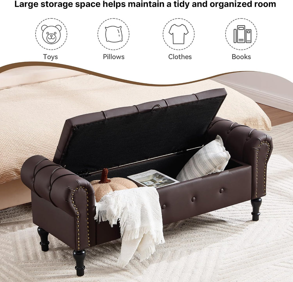 Storage Bench 51" Faux Leather End of Bed Benches Dark Brown