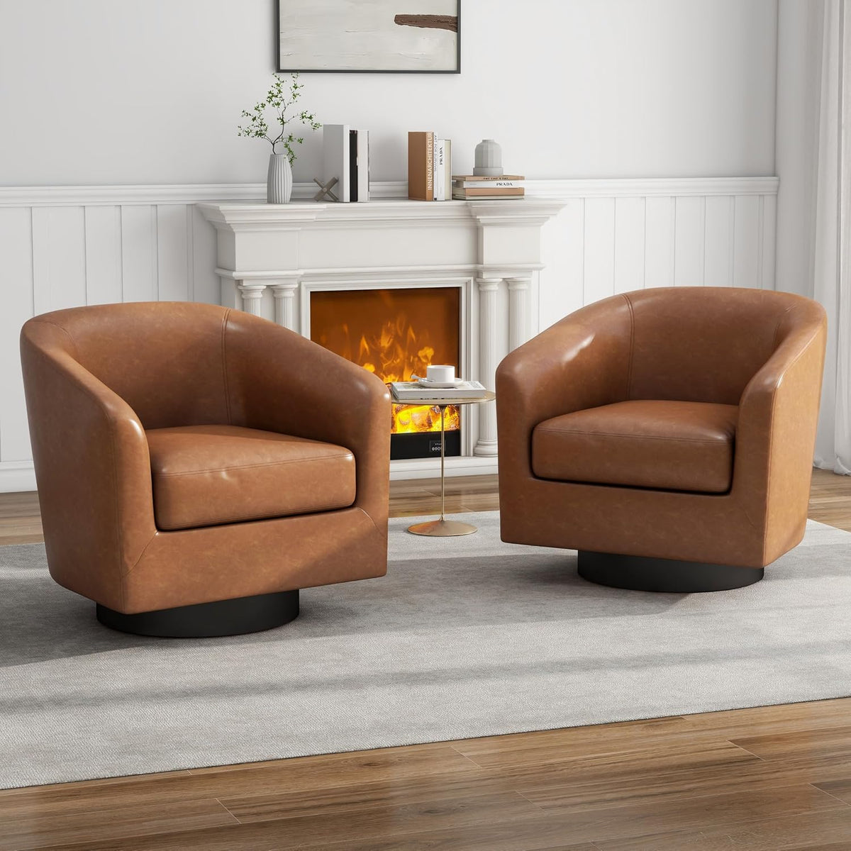 Faux Leather Swivel Accent Chairs Set of 4, Barrel Armchair, Brown