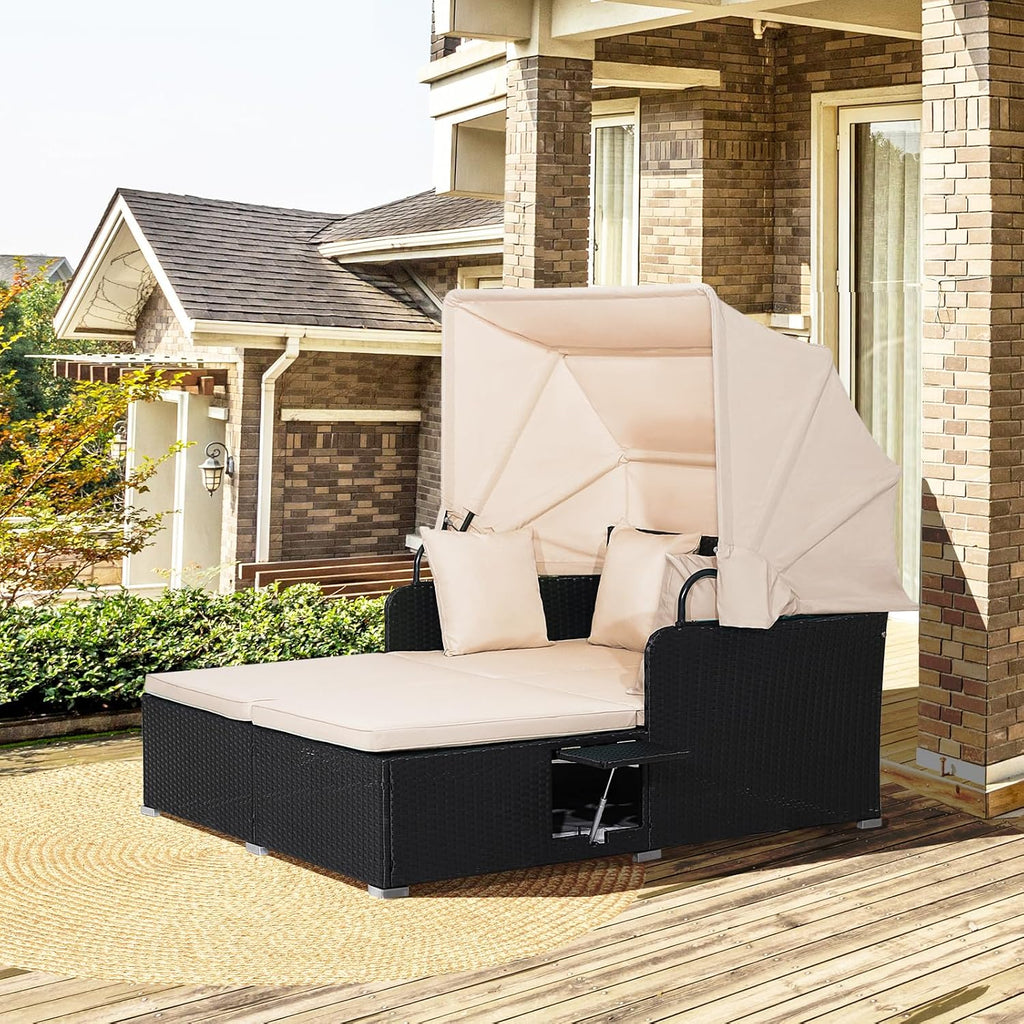 HAPPYGRILL Outdoor Wicker Lounge Daybed, Hand-Woven PE Rattan Daybed, Patio Loveseat Sofa Set with Retractable Canopy & 2 Side Tables, Outdoor Sun Lounger with Soft Cushions (Beige)