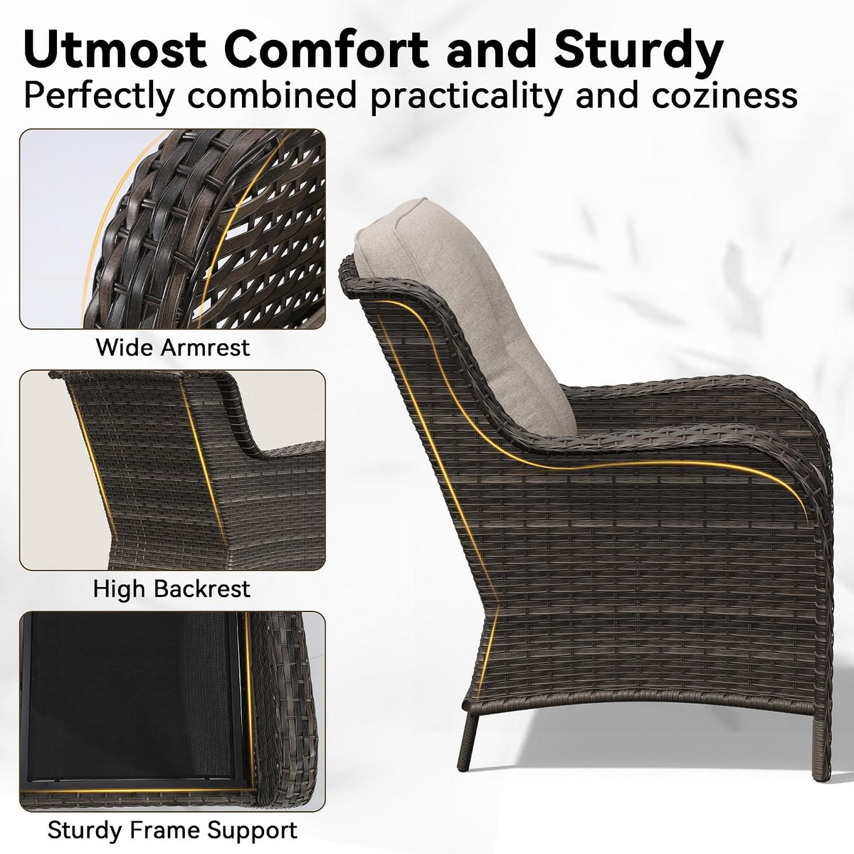 3 Pieces Outdoor Wicker Patio Furniture Set - Patio Chairs Set with Thickened Olefin Cushions, High Back and Deep Seating, Curved Armrest, PE Rattan for Porch, Deck, Balcony,Beige